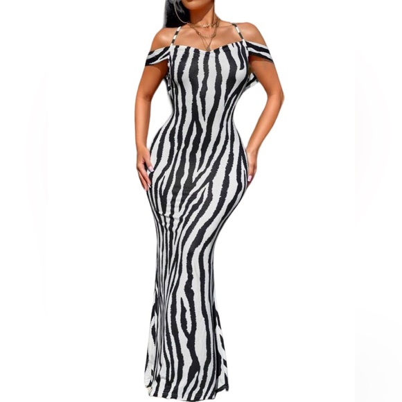 Off Shoulder Zebra Print Mermaid Dress - Picture 4 of 8